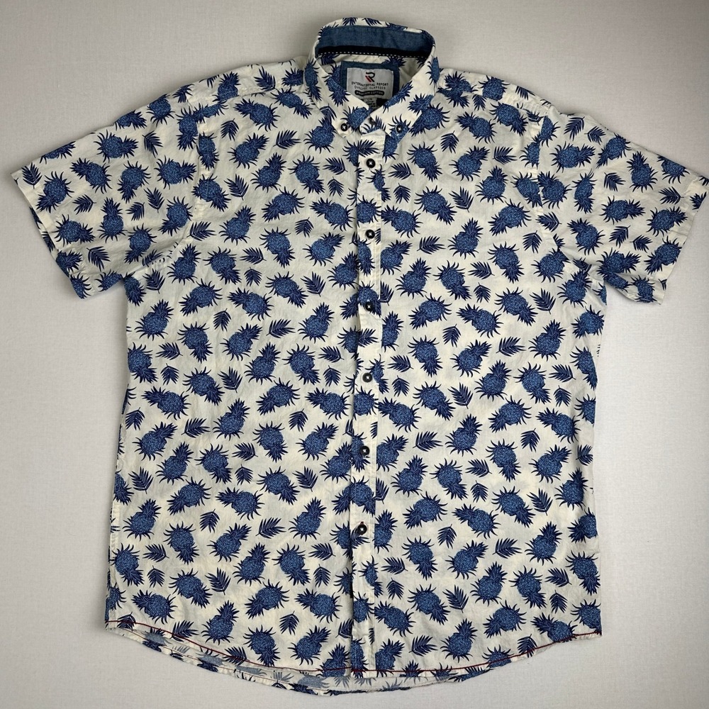 International Report Pineapple Shirt Blue White Men's‎ Large Cotton